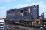 Banger and Aroostook, BAR GP9 79, was on lease to early Conrail and is at the ex-Erie Croxton Terminal in Seacaucus, New Jersey. January 24, 1977. 